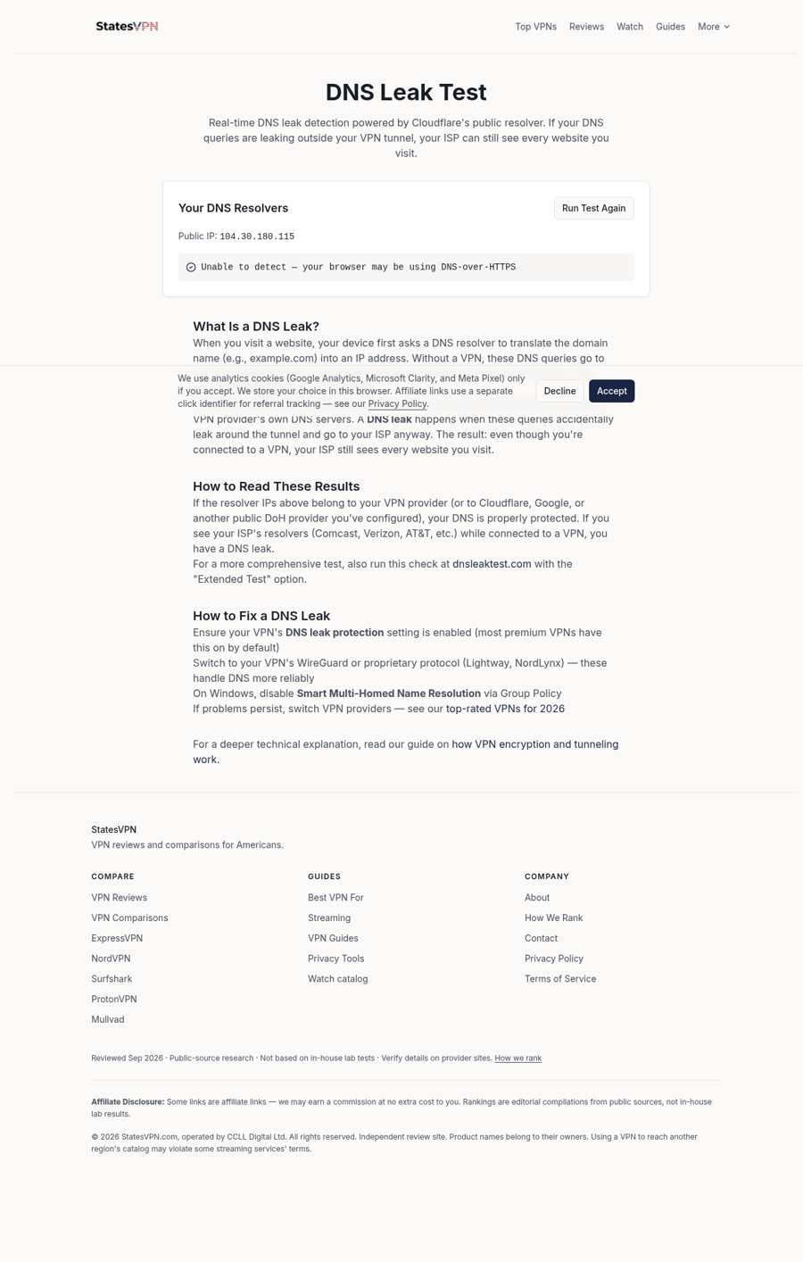 DNS leak tool with ExpressVPN off, 2026-09-07: unable to detect, browser may be using DNS-over-HTTPS